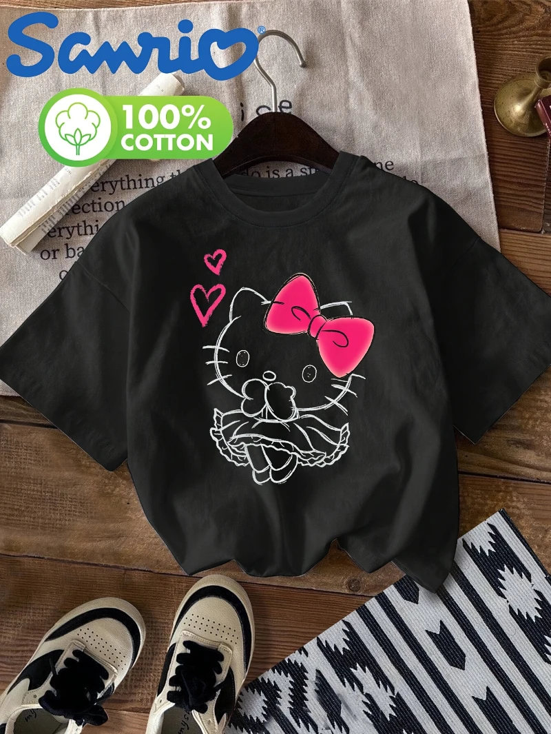 

Футболка с короткими рукавами и круглым вырезом с принтом «Hello Kitty» для девочек, весенне-летний повседневный топ из чистого хлопка, женская одежда