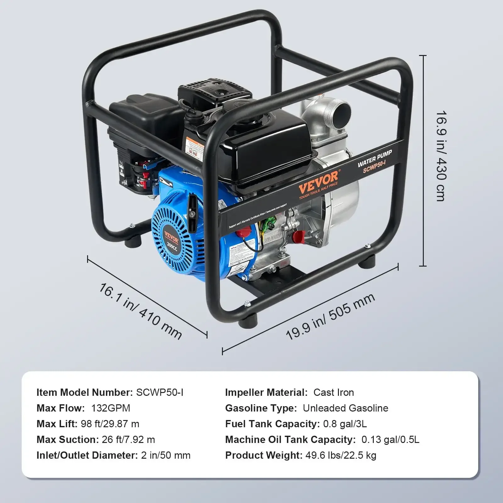 가솔린 엔진 워터 펌프 가스 구동 이송 펌프 2 in 6.5HP 4행정