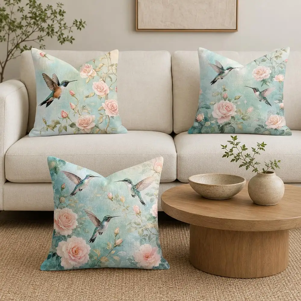 Hummingbirds & Roses Cushion Cover Natural Linen Organic Fabric Double-Sided Printing Sofa Home Decor Gift Pillow Cover