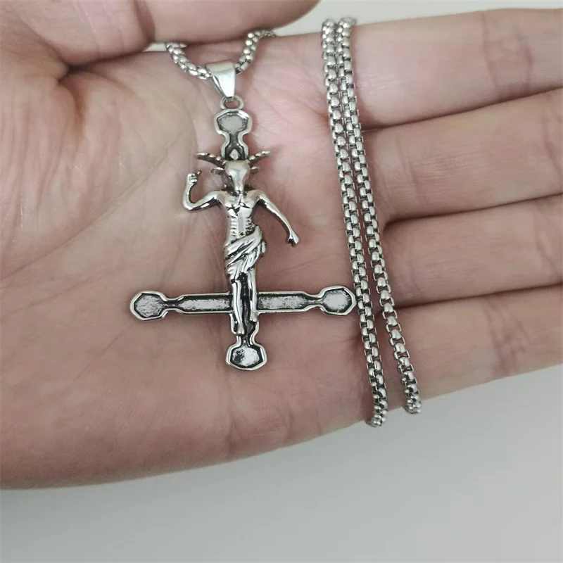 Men Stainless Steel Pendant Necklace Baphomet Goat Inverted Cross Jewelry Satanic Satan Demon Devil Lucifer Pendant