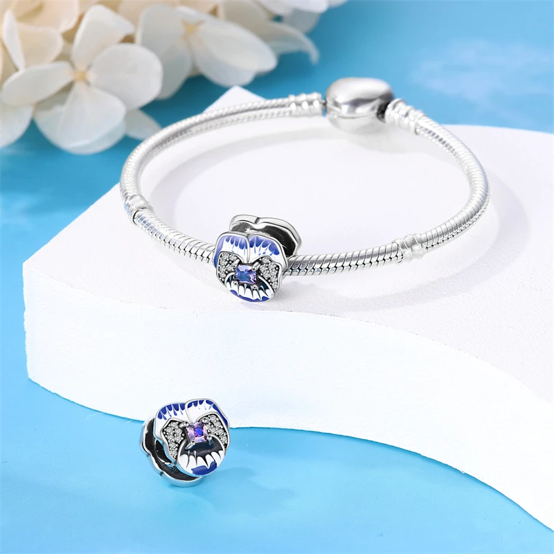 Hot Sales 925 Silver Blue Bouquet Romantic Flower Language Theme Charms Beads Fit Pan Original Bracelets DIY Gifts Fine Jewelry