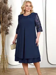 Women Plus Size Dresses For Mom Loose Casual Embroidery Floral Dress Elegant Evening Party Prom Half Sleeve Large Size Vestidos