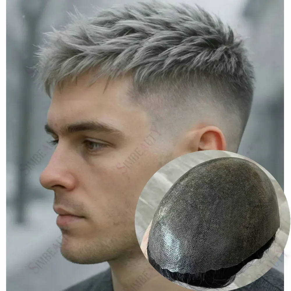 Natural Hairline Men Toupee 0.1mm Injection Thin Skin Men's Capillary Prosthesis Grey Black Human Hair Wigs Indian Hair System