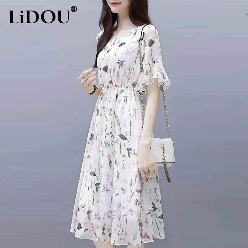 2023 Summer Floral Printed Waist Midi Dress Female Flare Short Sleeve Casual Fashion Robe Dresses Women's Sweet Elegant Vestidos