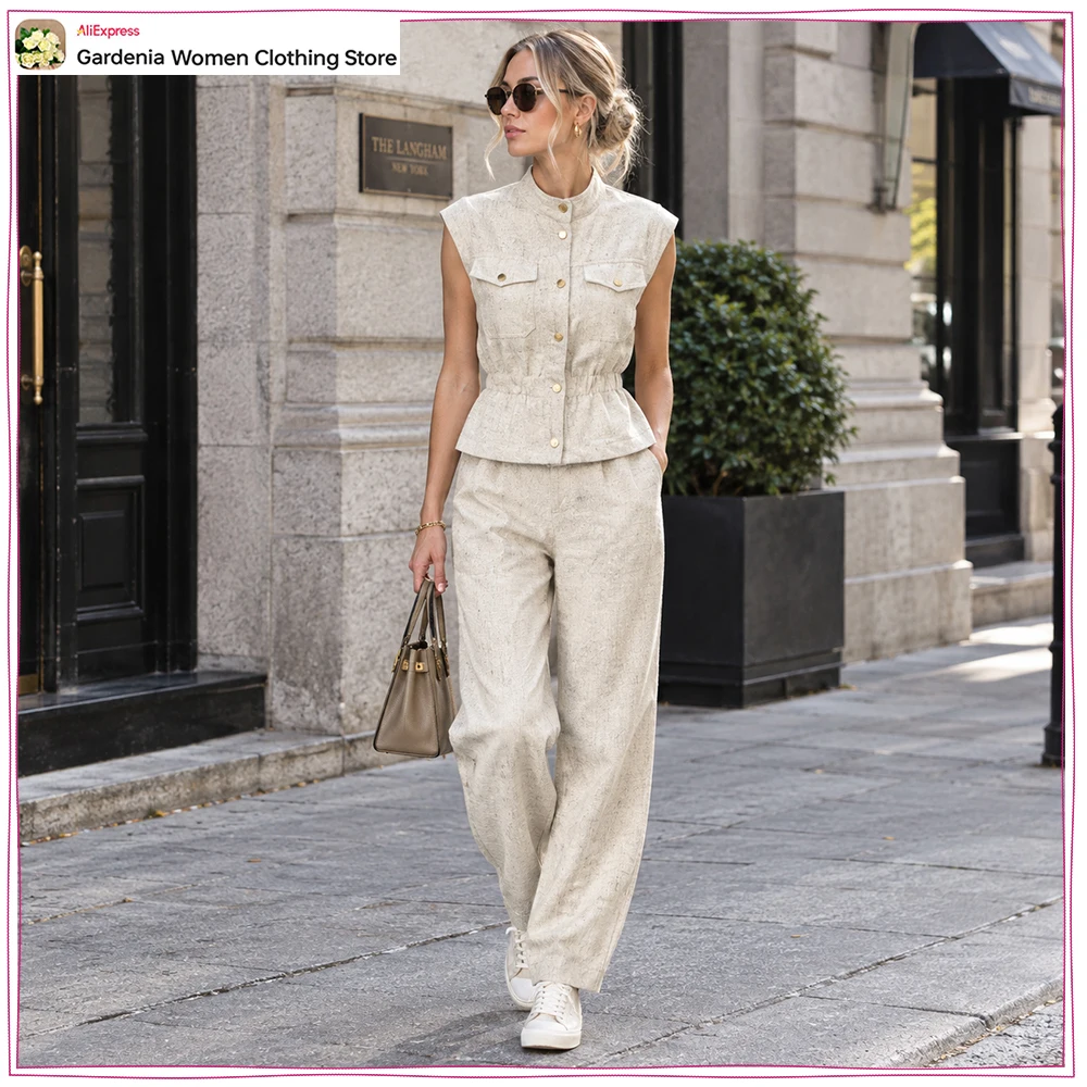 Women's Light Beige Linen Blend Pant Sets New in Summer 2 Piece Set High Collar Pocket Vest Matching Tonal Mid-rise Barrel Pants