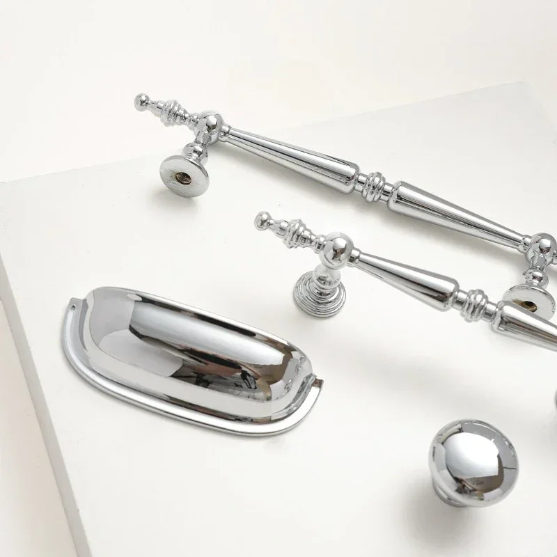 Cabinet Door Handles Chrome Plated Silver Furniture Handles French Wardrobe Pull Modern Minimalist Solid Single-Hole Drawer Knob