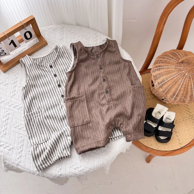 

Summer Korean-style striped sleeveless jumpsuit for baby boys and girls, baby crew neck pocket jumpsuit, suitable for going out