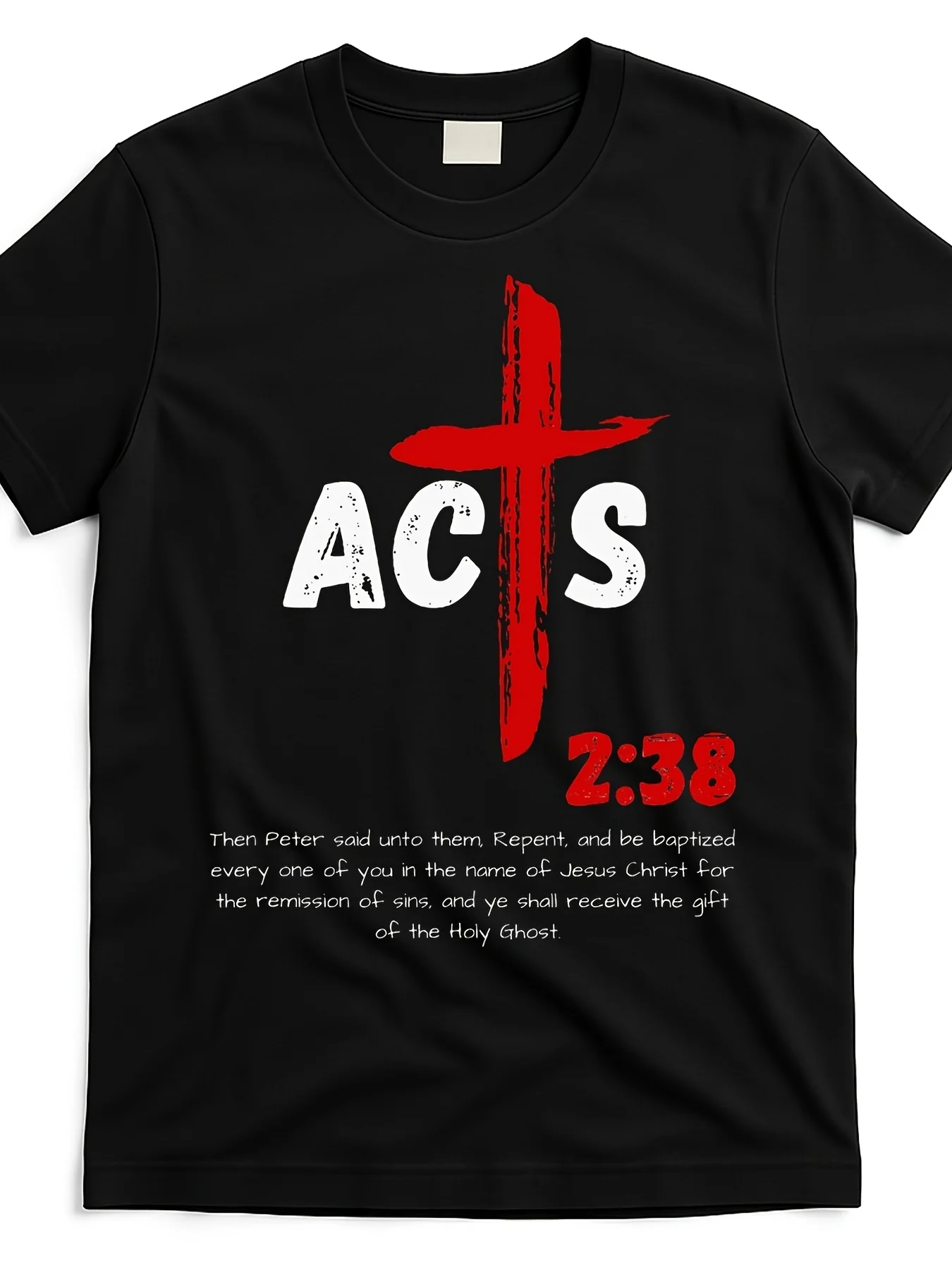 Męska czarna koszulka religijna - Werset biblijny z Łukasza 2:38 i wzór krzyża - Gruba bawełna, luźny krój, idealna na niedzielę =