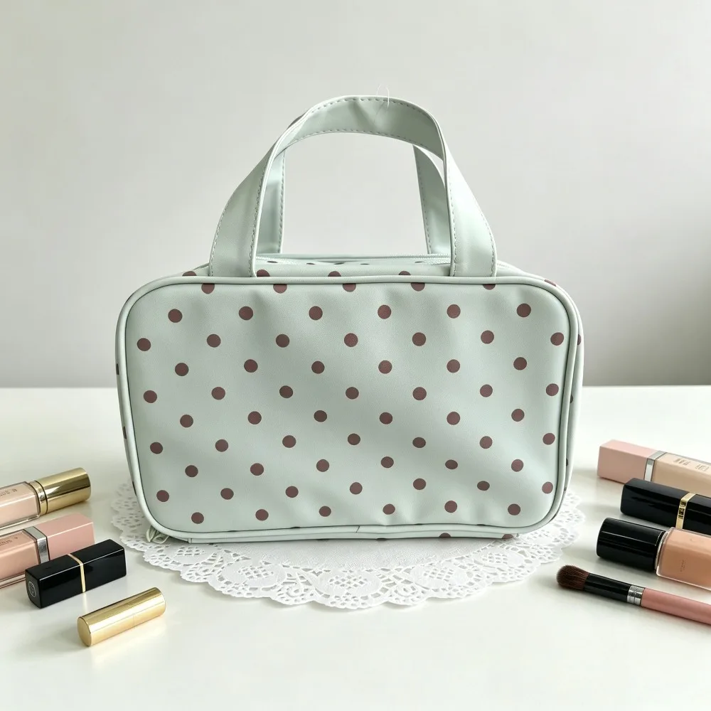 Korean Style Mint Green Polka Dot Synthetic Leather Makeup Bag Large Capacity 3 Compartment Hangable Mesh Pockets Toiletry Bag