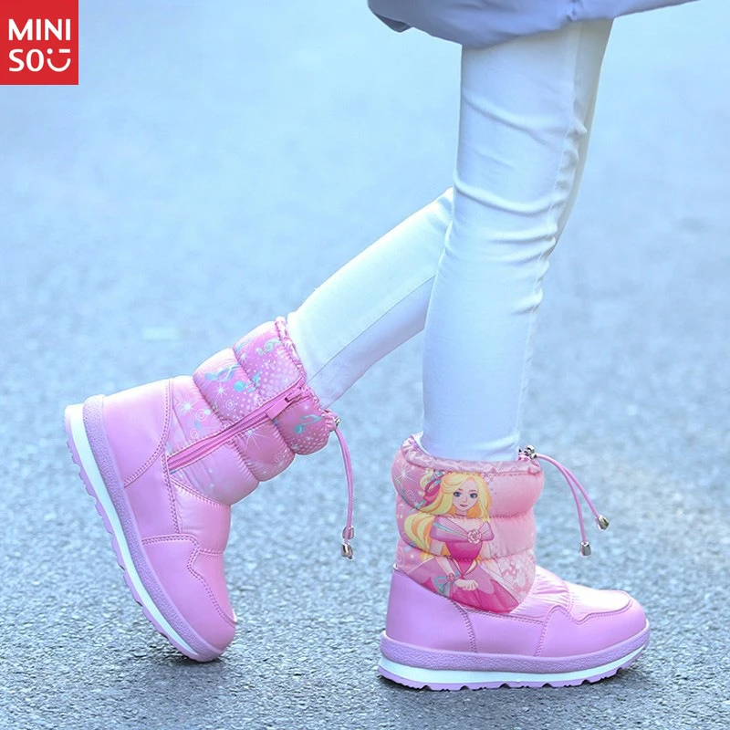

2025 Kids Mid Calf Snow Boots Girls Thickened Wool Waterproof Princess Shoes