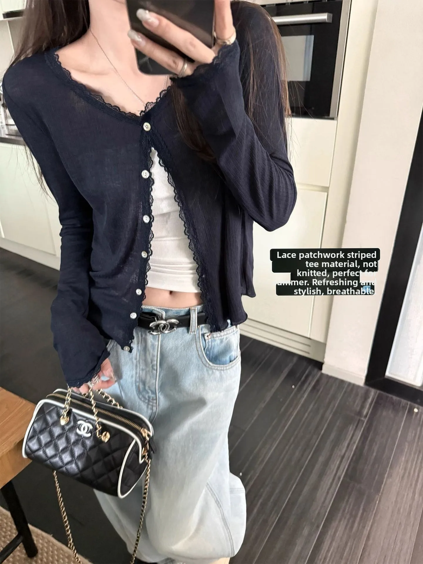 

Lace Splicing Soft Long Sleeve Knitted Cardigan Lightweight Outerwear Top for Women Summer New Style Casual Fit Style