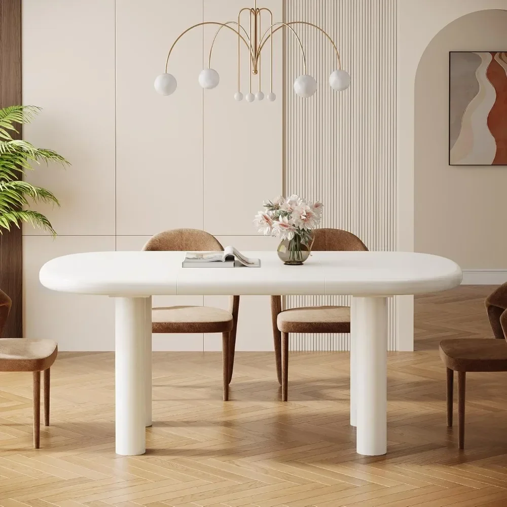 Ovale Eettafel Voor 6 Personen, 63-Inch Moderne Crèmekleurige Witte Keukentafel, Houten Eettafel Met Cilindrische Poten (Alleen Tafel)