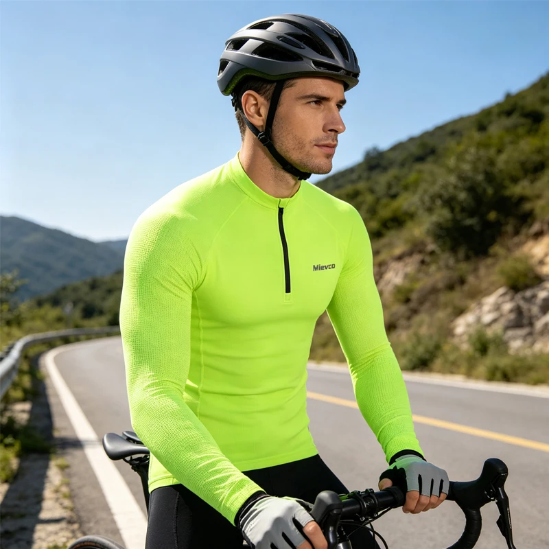 Summer Men's Long Sleeve Cycling Jersey, Half Zip Breathable Mesh Bike Shirt, Fluorescent High Visibility Road Biking Top view 2