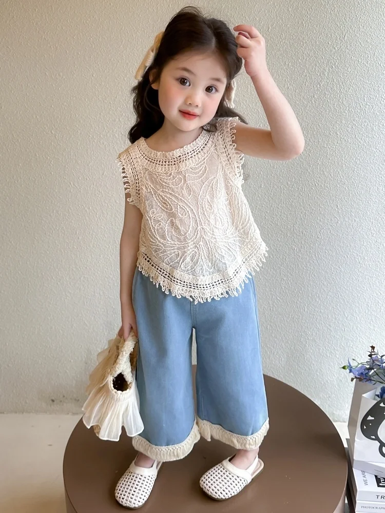 

Girls Summer Denim Wide Leg Pants Set Lace Top Casual Faion Two Piece Set Cotton ort Sve round Ne Pull over Sle