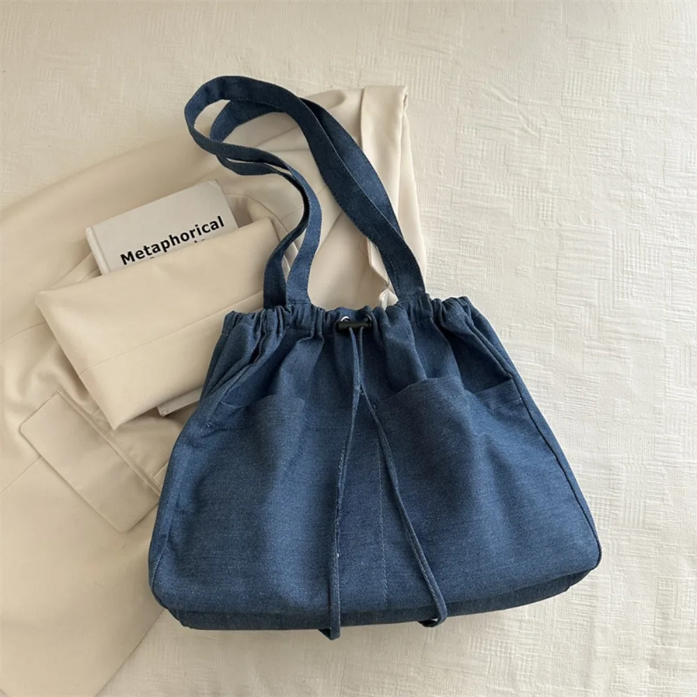 

Simple Large Capacity Oxford Drawstring Shoulder Bag Casual All-match Denim Tote Bag Leisure Cowboy Canvas Bucket Bag Students