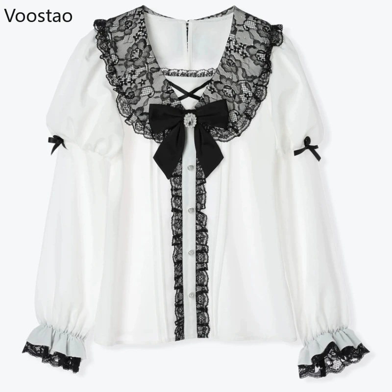 Japanese Gothic Lolita Shirt Women Harajuku Jirai Kei Bow Long Lantern Sleeve Blouses Y2k Aesthetic Elegant Sweet Clothes Tops