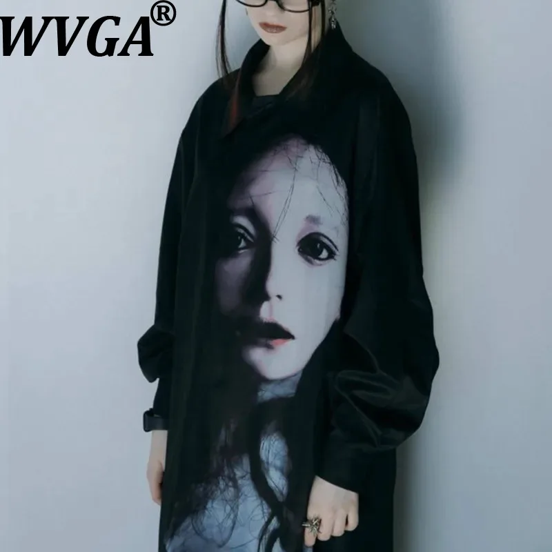 

WVGA 2026 Spring New Men Niche Design Printed Trendy Long Sleeve Shirt Chic Casual High-end Darkwear Turn-Down Collar Top W18979