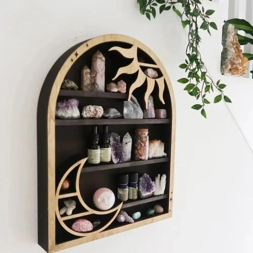 Wooden Material Wood Storage Shelf Crescent Sun Design Moon Design Crystal Shelf Vintage Style Bohemian Style Floating Shelves