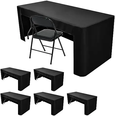 

6 Pack Fitted Tablecloths for 6 Foot Tables Black Trade Show Table Covers - Open Back Washable Vendor Table Cloth for Craft Show