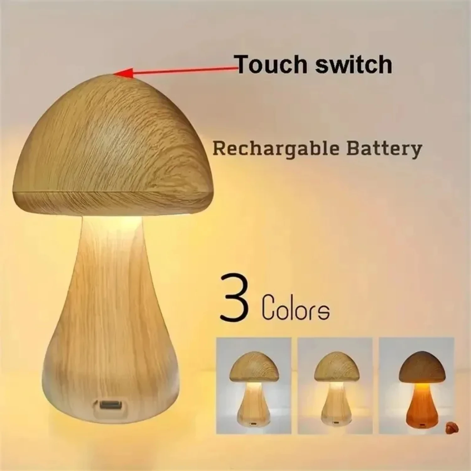 New Smart  Control  Wooden Cute Mushroom Night Lights Portable Dimmable Bedside Lamp with USB Charging Lamps   Decor