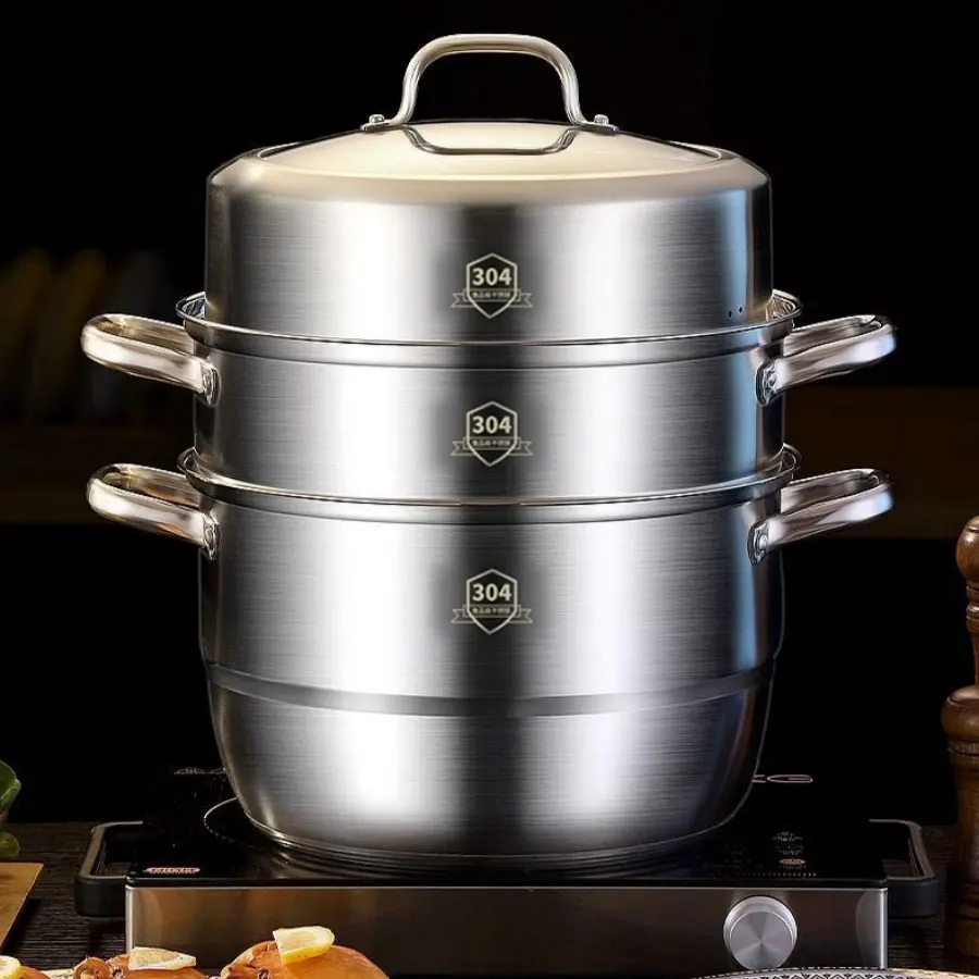 304 Stainless Steel Large Household Multilayer Steamer Three-Tier Double Bottom Pot for Induction Cooker Gas for Steaming Buns
