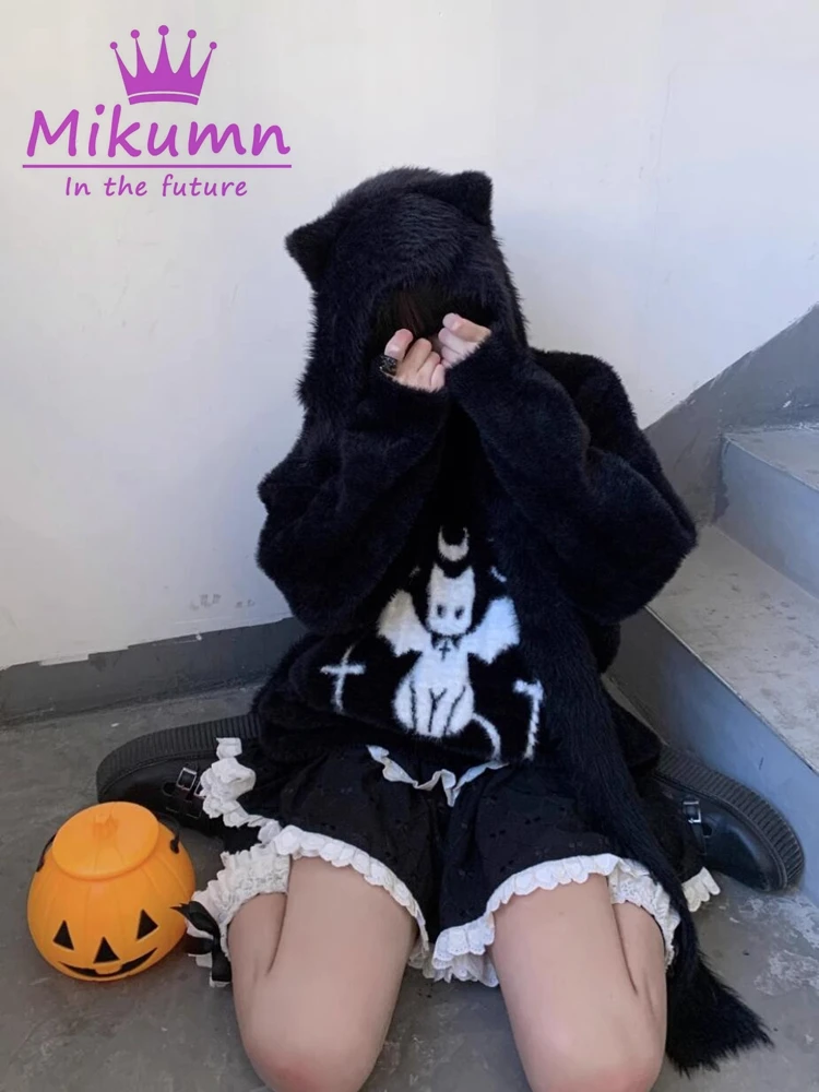 Harajuku Gothic Y2k Cute Cartoon Devil Cat Black Sweater With Cat Ear Scarf Hooded Women Knitted Pullover Winter Warm Streetwear