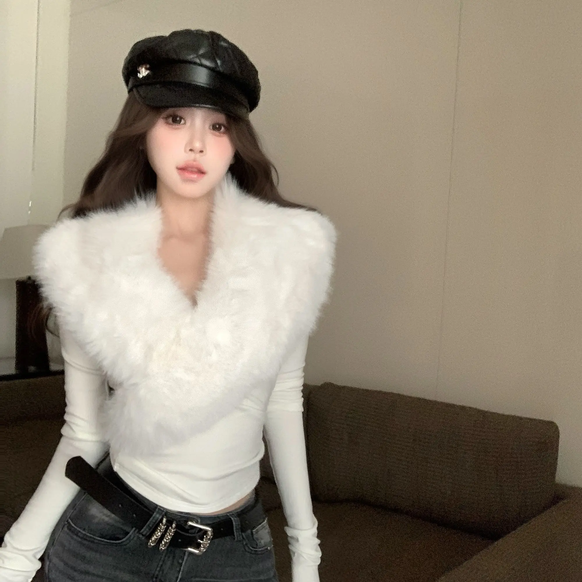 

Японская футболка с меховым воротником и длинными рукавами Spice Girl, женская зимняя однотонная облегающая футболка, повседневная базовая модная одежда, шикарная одежда