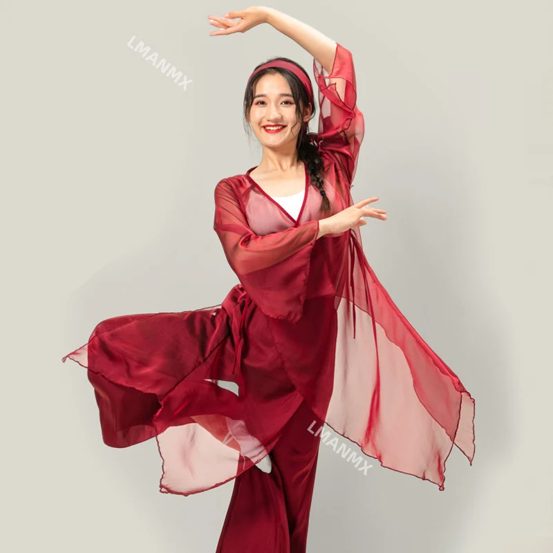 레드 레트로 쉬폰 드레스, 재즈 기질, 모던 댄스 쉬폰 드레스, 퍼포먼스 의상, 와이드 팬츠, 앤틱 스타일