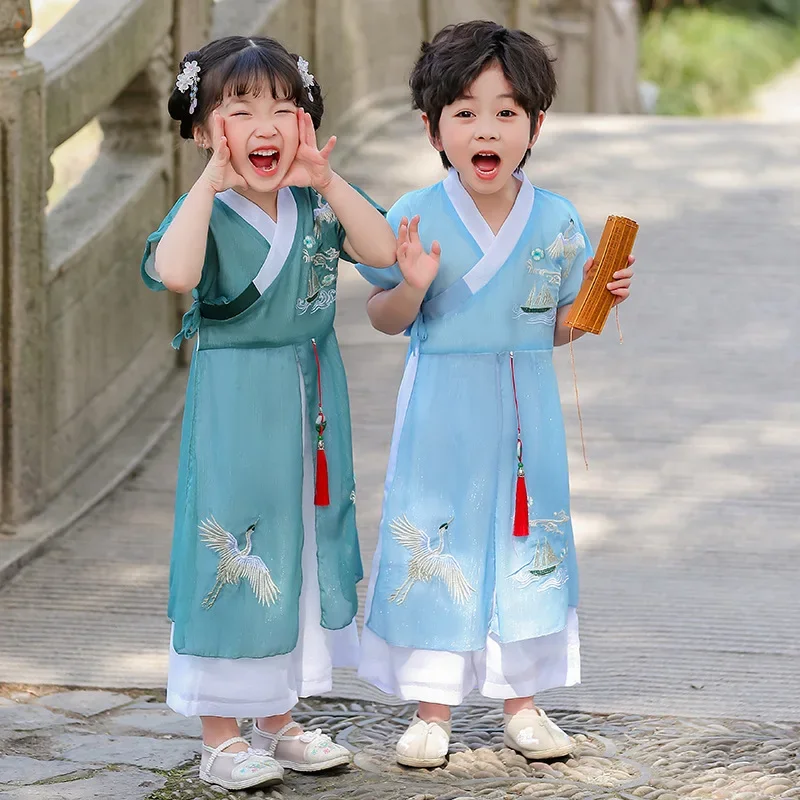 New Summer Children's Hanfu Set Short Sleeve Sailing Performance Costume for Boys And Girls Traditional Chinese Clothing