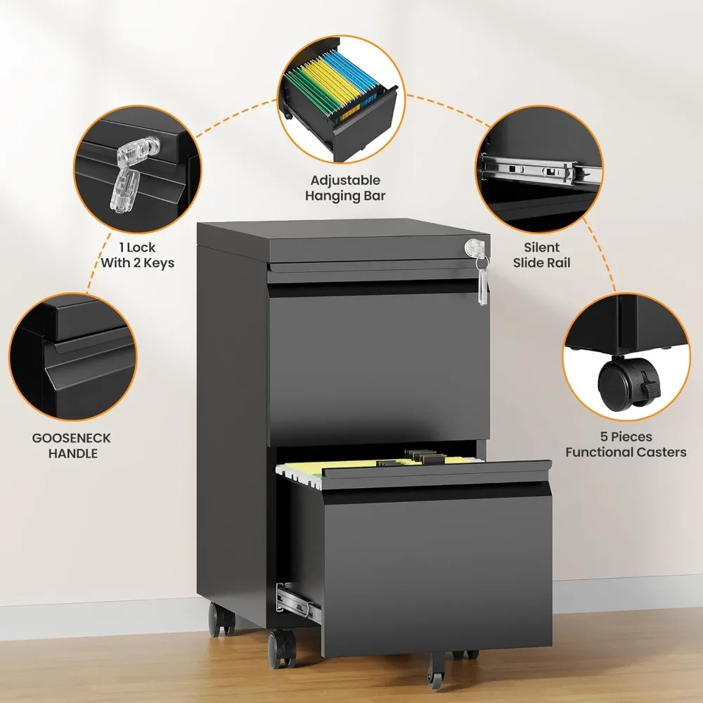 Secure Rolling Metal File Cabinet for Home Office, 2-Drawer Storage with Lock, Compact Under Desk Filing System