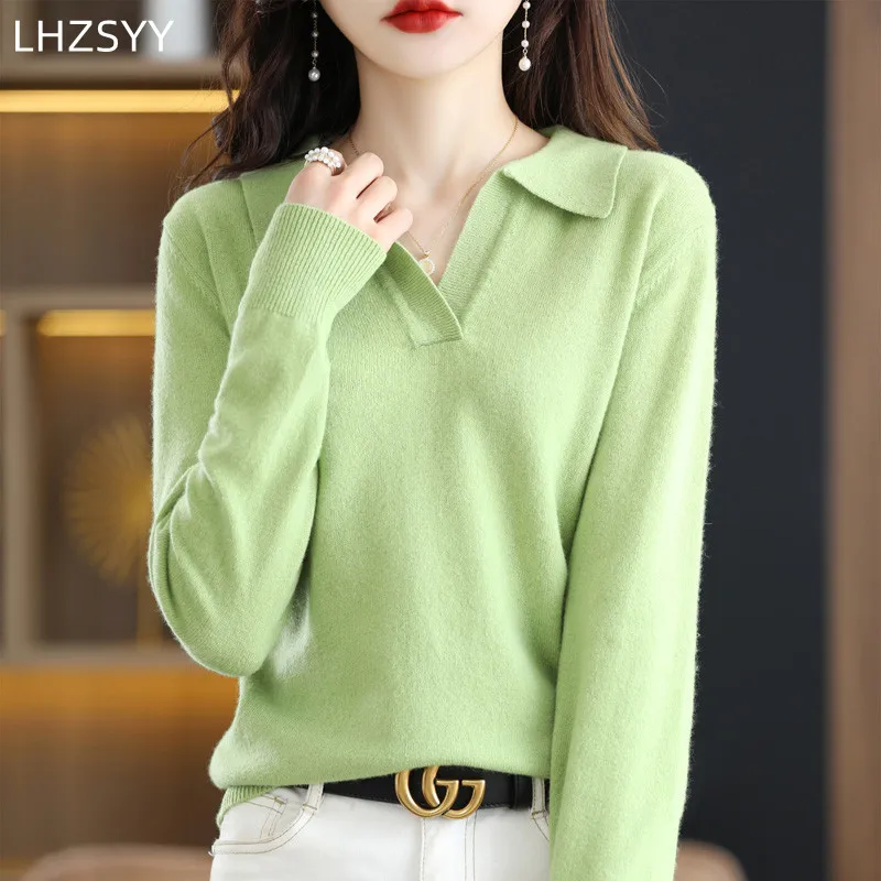 PoLo Collar Merino Wool Sweater Spring Loose Knit Pullover Women Shirt Warm Cashmere Sweater Large Size Top Female Jacket Jumper