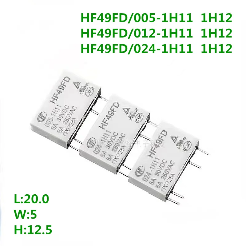 5Pcs, Miniature Power Relay, HF49FD-005-1H11, HF49FD-012-1H11, HF49FD-024-1H11, 1H12, 5A, 5V, 12V, 24V,  Industrial relay