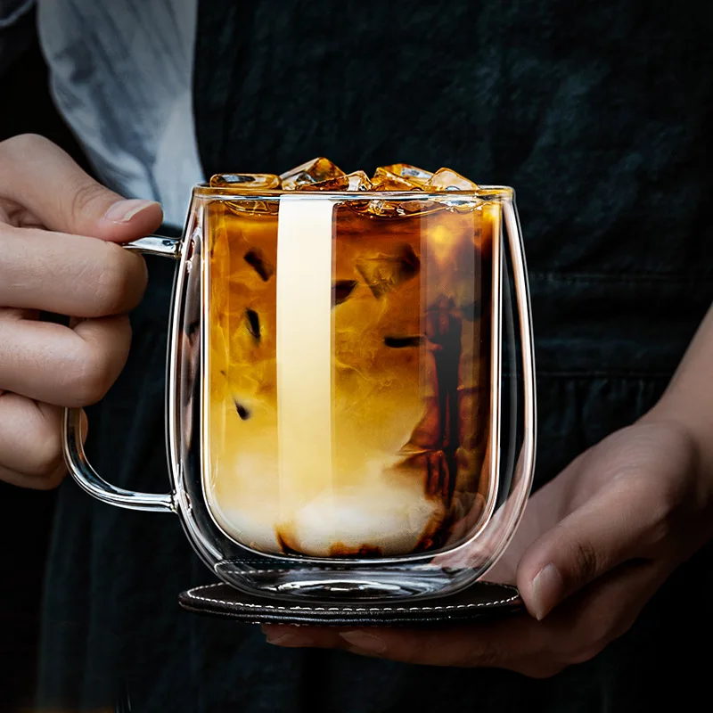 แก้วน้ำสองชั้นขนาด 350 มล. พร้อมหูจับ สำหรับชา เบียร์ กาแฟ นม น้ำมะนาว แก้วใสสำหรับเครื่องดื่มเย็น