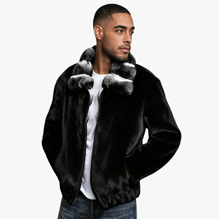 Chaqueta Corta de Piel de Conejo Negra con Cuello Cruzado, Chaqueta Bomber con Cierre de Cremallera, Chaqueta Peluda de Lujo para Hombre, Chaqueta de Invierno