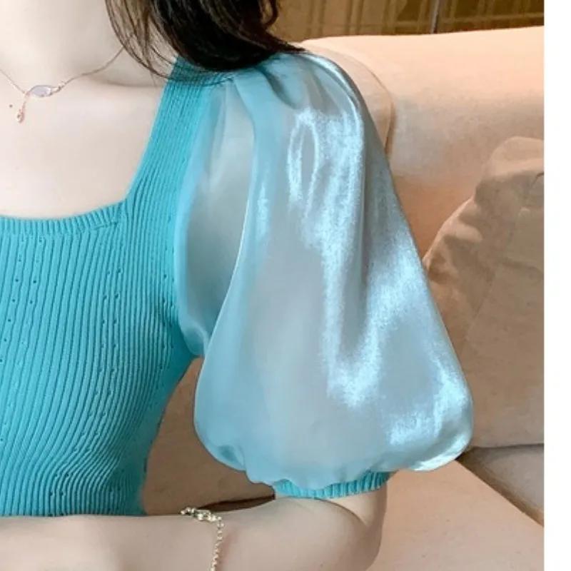 2024 Summer New Chic French Pullover Square Neck Panel Pearlescent Bubble Sleeve Top Slim Fit and Thin Knitted Short Sleeve Tops