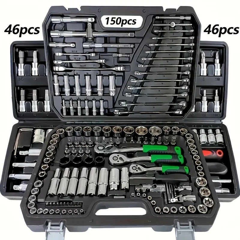 Conjunto de Ferramentas para Reparação Mecânica Automotiva de 150/46 Peças, Multifuncional com Soquete, Chave e Catraca, Kit de Ferramentas Mecânicas para Reparação Automotiva