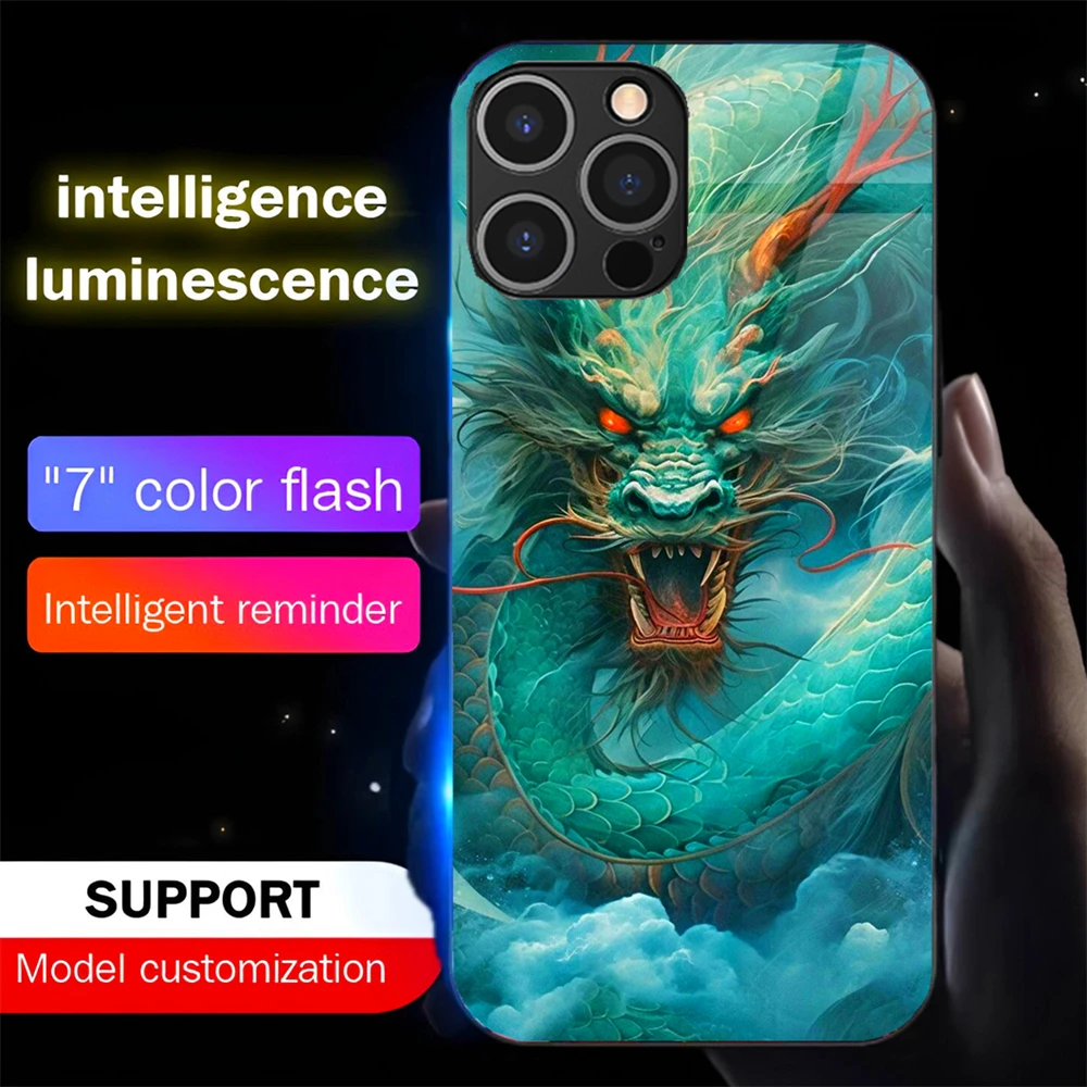 

Cool Dragon Painting Luminous Glass LED Call Light Up Flash Phone Case Cover For iPhone 16 E 15 14 13 12 11 Pro Max XR XS Plus