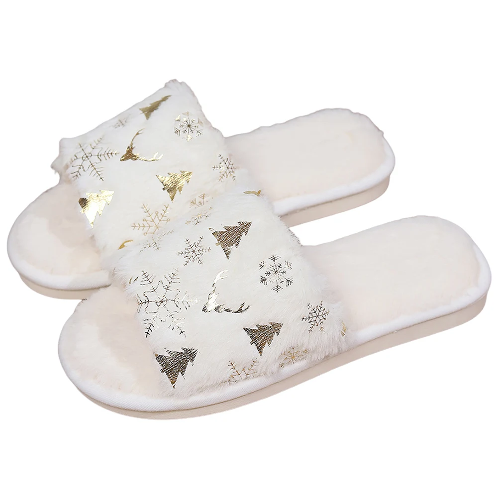 Christmas Plush Slippers Soft House Shoes Fluffy Home Slippers Furry Xmas Tree Snowflake Slippers for Indoor Bedroom Wear