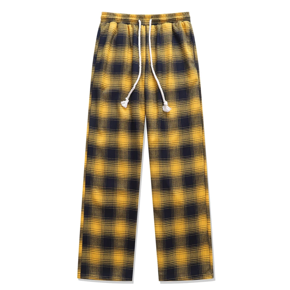 

Elastic Waist Draw String Casual Plaid Pants Men Women Harajuku Men's Pants Straight Style Cotton