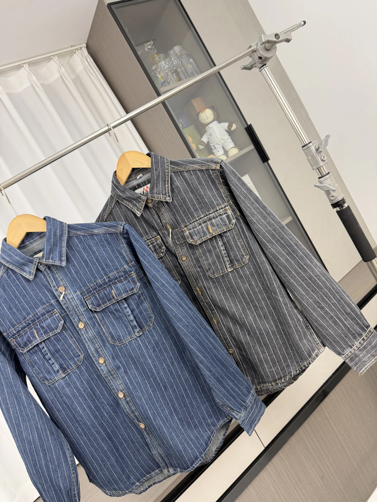 Washed Vintage Heavy Stripe Men's Casual Loose Fit Denim Shirt Autumn Workwear Ameika Style Long Sleeve Button up Top