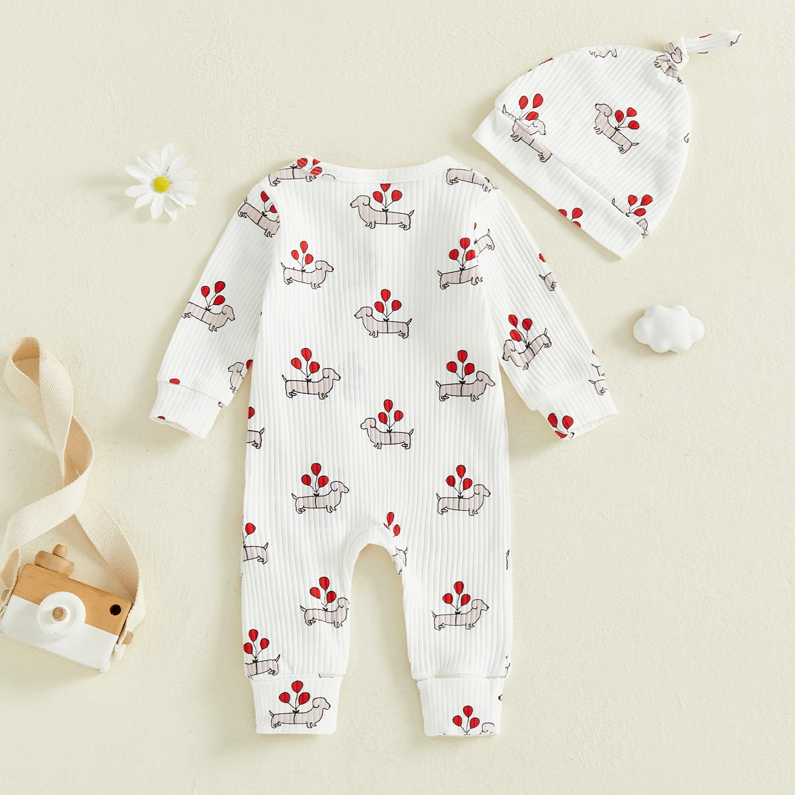 الوليد الطفل الخريف الزي الكلب بالون/منقوشة طويلة الأكمام الرمز البريدي رومبير مع قبعة معقود 2 قطعة مجموعة للرضع بنين بنات