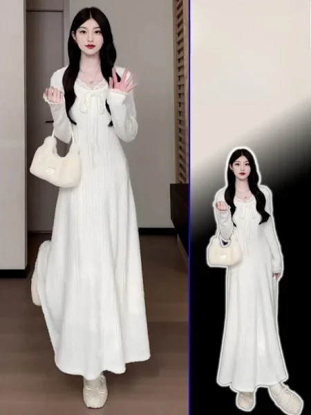 

plus Size Korean Sle Casual Long Sve Knitted Dr Women Spring Slimming Gentle Wind Skirt Stand Fit A-Line Dr