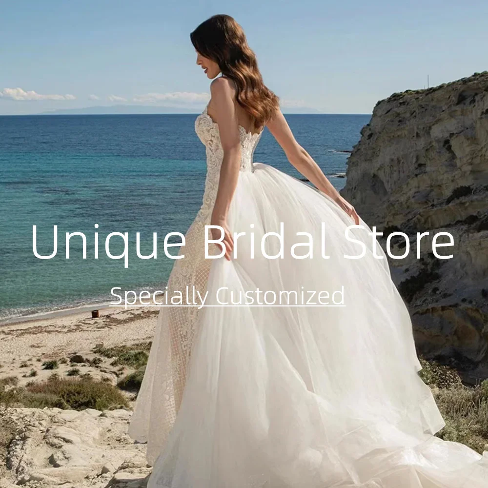 Aangepaste elegante kanten zeemeermin 2-in-1 trouwjurk applicaties mouwloze afneembare trein rugloze bruidsjurken voor dames