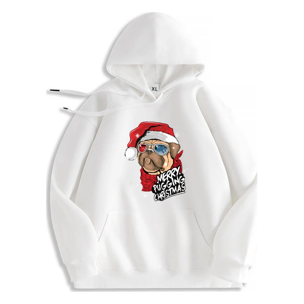 Merry Pugging Christmas Dog Santa Costume Graphic Hoodie Casual Fashion Polyester Fiber Long Sleeve Sweatshirt