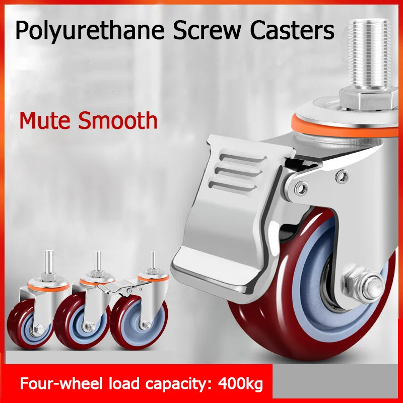 Polyurethane Rod Casters 3/4/5 Inches M10/12/16 Extended Rod Casters Double Bearing Wear-Resistant Swivel Wheels Hand Truck