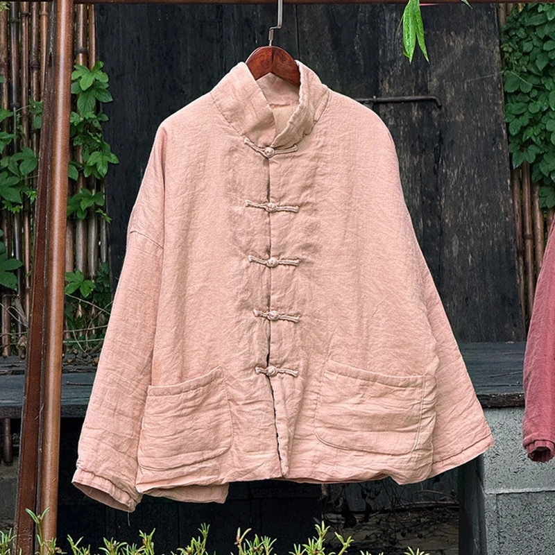 

100% Cotton Women Casual Coats New Arrival 2025 Autumn Chinese Style Vintage Stand Collar Loose Female Thick Warm Jackets M2049