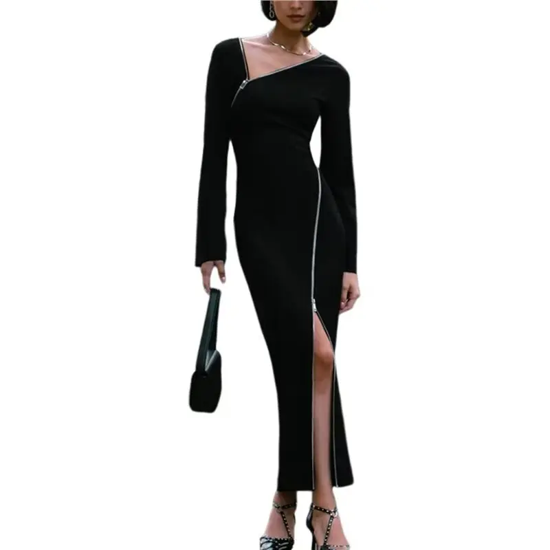 

CYL-Женское платье с лоскутным узором и молнией, с длинными рукавами и разрезом по низу, элегантное облегающее платье