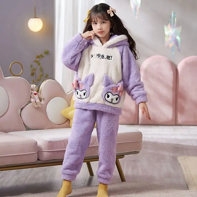 Thickened Plush Hooded Warm Two Piece Home Clothes Sanrio Kuromi Cinnamoroll Autumn Winter Cartoon Coral Velvet Pajamas Girls