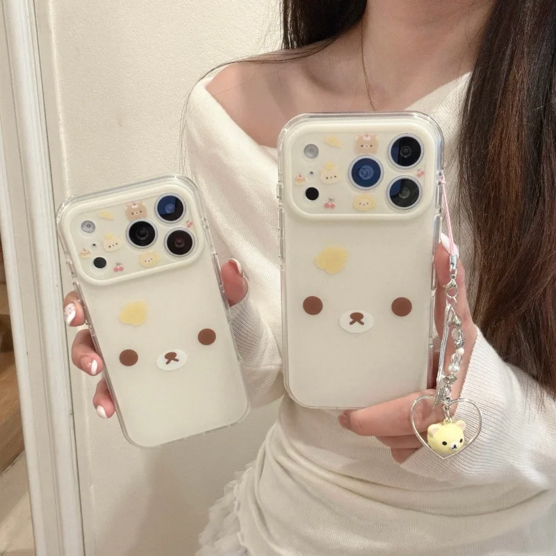 

Fashion Cute Cartoon Bear Expression Phone Case For iPhone 17 Pro 14 15 16 Pro Max Cover with Chain Strap Shockproof Protective