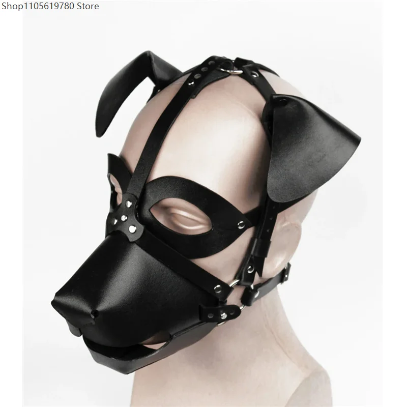 Faux Leather Dog Ear Head Mask Adjustable Rivet Strap Animal Character Hood Halloween Cosplay Party Performance Costume Prop